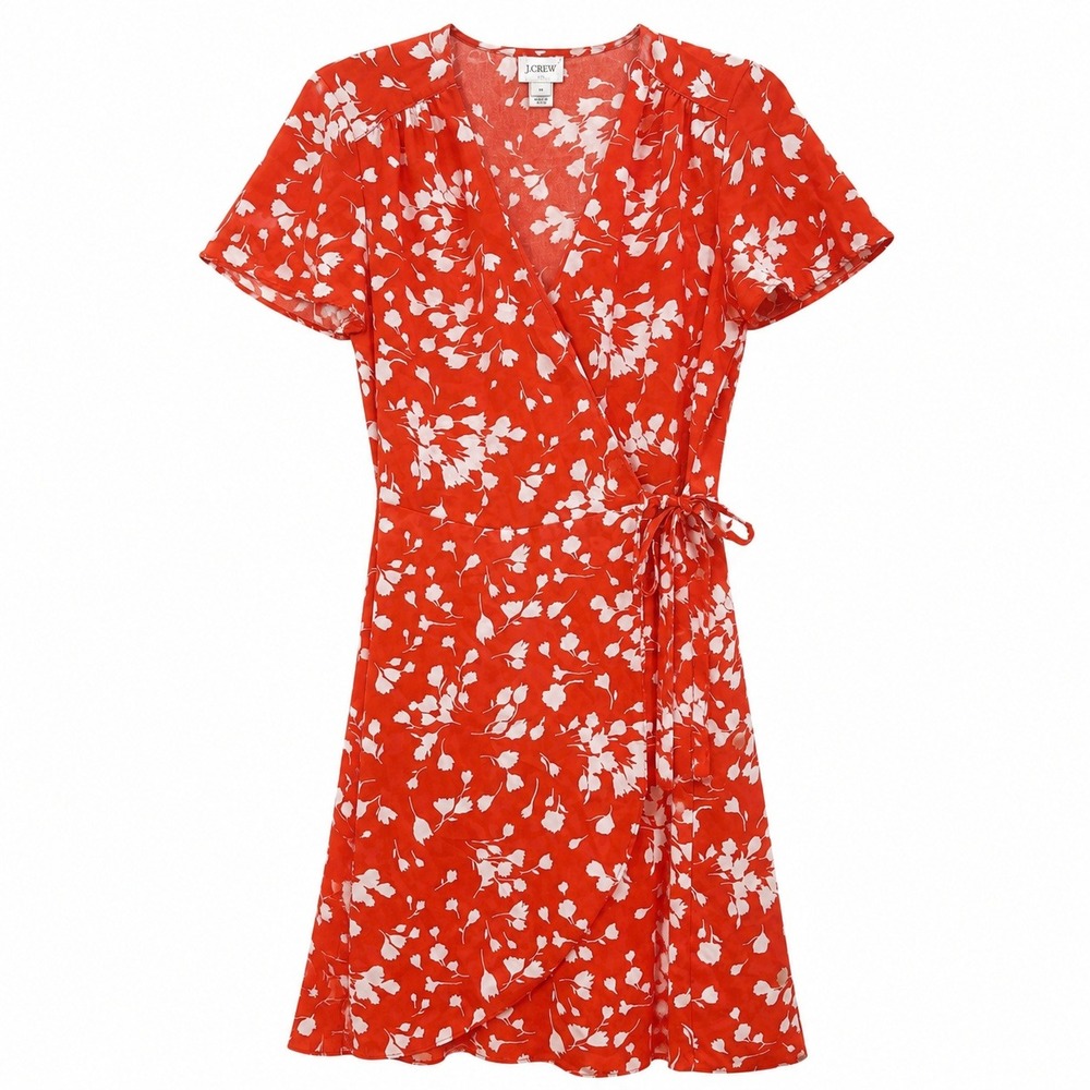 J.Crew Dress Womens 2 Red Floral Wrap Short Sleeve V-Neck L6954 Cottagecore